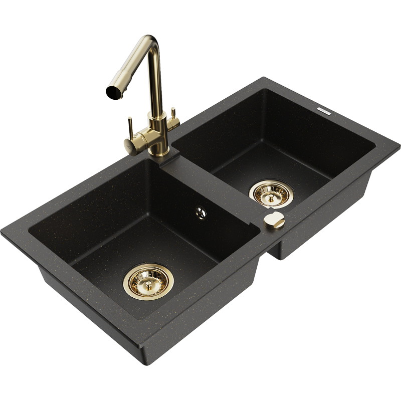 Mexen Mario 2-bowl granite sink with Duero kitchen faucet, black/gold metallic - 6504-75-671600-50
