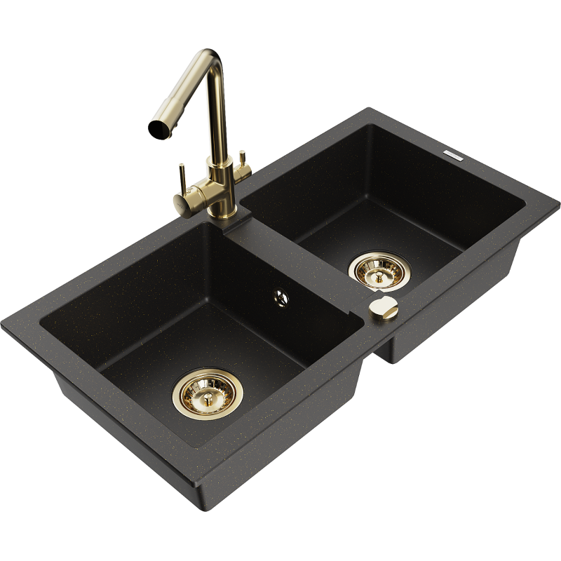 Mexen Mario granite sink 2-bowl with Duero kitchen tap, black/gold metallic - 6504-75-671600-50