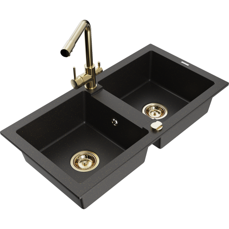 Mexen Mario granite double-bowl sink with Duero kitchen faucet, black/gold metallic - 6504-75-671600-50