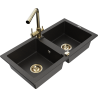 Mexen Mario granite double-bowl sink with Duero kitchen faucet, black/gold metallic - 6504-75-671600-50