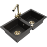 Mexen Mario granite sink 2-bowl with Duero kitchen tap, black/gold metallic - 6504-75-671600-50