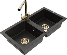 Mexen Mario granite sink 2-bowl with Duero kitchen tap, black/gold metallic - 6504-75-671600-50