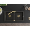 Mexen Mario granite double-bowl sink with Duero kitchen faucet, black/gold metallic - 6504-75-671600-50