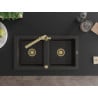 Mexen Mario granite sink 2-bowl with Duero kitchen tap, black/gold metallic - 6504-75-671600-50