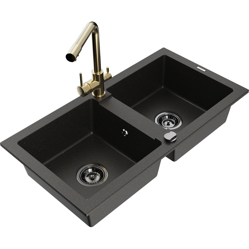 Mexen Mario granite double-bowl sink with Duero kitchen faucet, black/gold metallic - 6504-75-671600-50-B