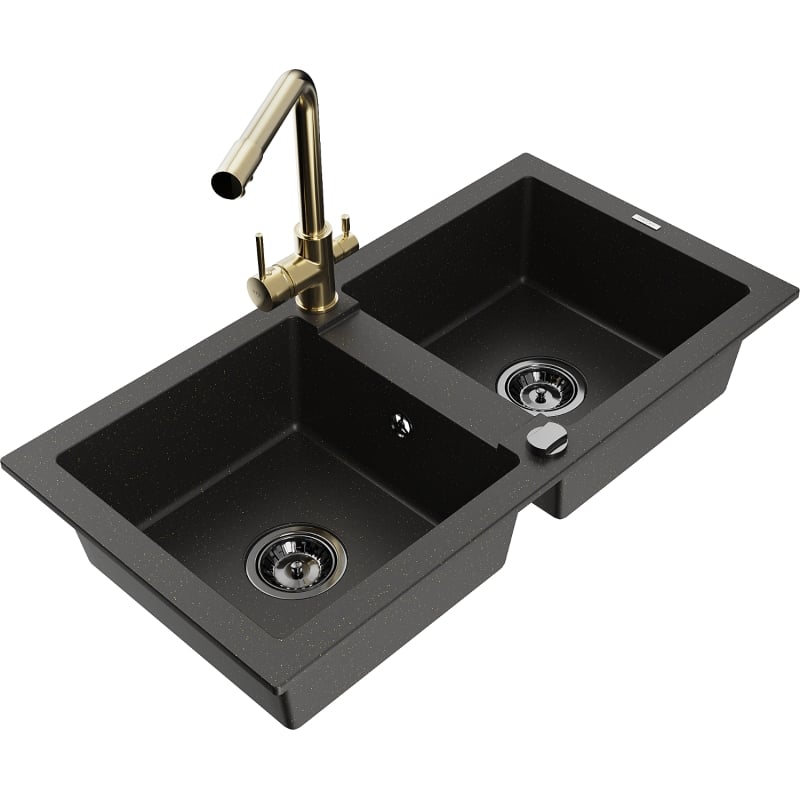 Mexen Mario granite sink with 2 compartments and Duero kitchen faucet, black/gold metallic - 6504-75-671600-50-B