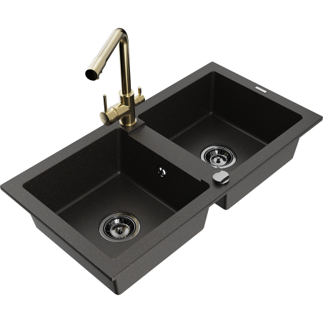 Mexen Mario granite double-bowl sink with Duero kitchen faucet, black/gold metallic - 6504-75-671600-50-B