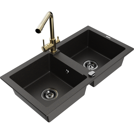 Mexen Mario granite kitchen sink 2-bowl with Duero kitchen tap, black/gold metallic - 6504-75-671600-50-B