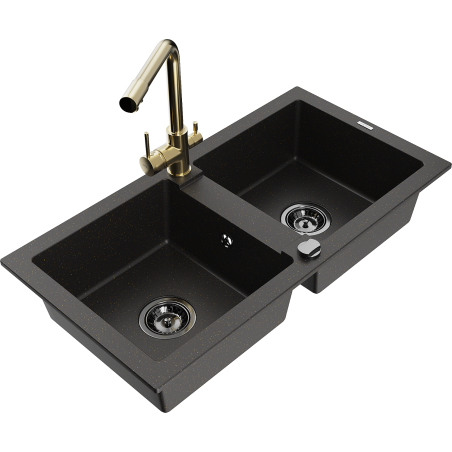 Mexen Mario granite sink with 2 compartments and Duero kitchen faucet, black/gold metallic - 6504-75-671600-50-B