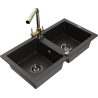 Mexen Mario granite double-bowl sink with Duero kitchen faucet, black/gold metallic - 6504-75-671600-50-B