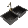 Mexen Mario granite kitchen sink 2-bowl with Duero kitchen tap, black/gold metallic - 6504-75-671600-50-B