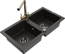 Mexen Mario granite double-bowl sink with Duero kitchen faucet, black/gold metallic - 6504-75-671600-50-B