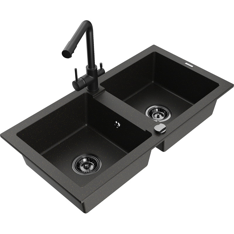 Mexen Mario 2-chamber granite sink with Duero kitchen faucet, black/gold metallic - 6504-75-671600-70-B