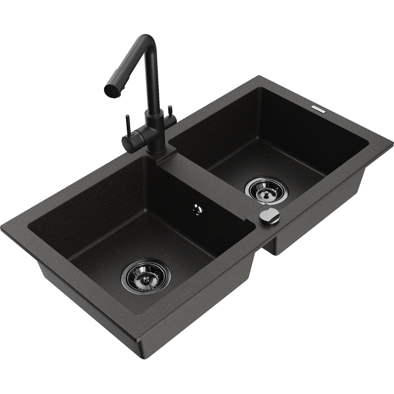 Mexen Mario 2-compartment granite sink with a kitchen mixer tap Duero, Black/Gold metallic - 6504-75-671600-70-B