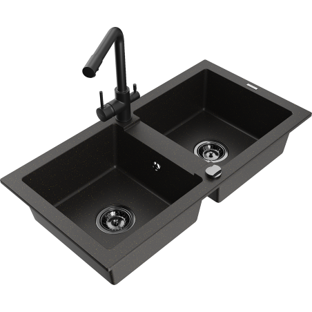Mexen Mario 2-bowl granite sink with Duero kitchen tap, black/gold metallic - 6504-75-671600-70-B