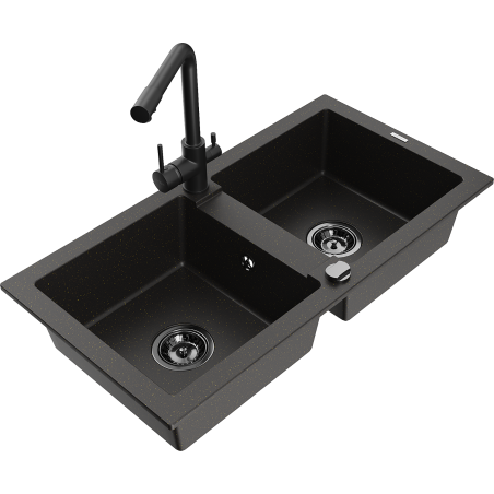 Mexen Mario granite 2-bowl kitchen sink with Duero kitchen faucet, black/gold metallic - 6504-75-671600-70-B