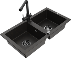 Mexen Mario 2-bowl granite sink with Duero kitchen tap, black/gold metallic - 6504-75-671600-70-B