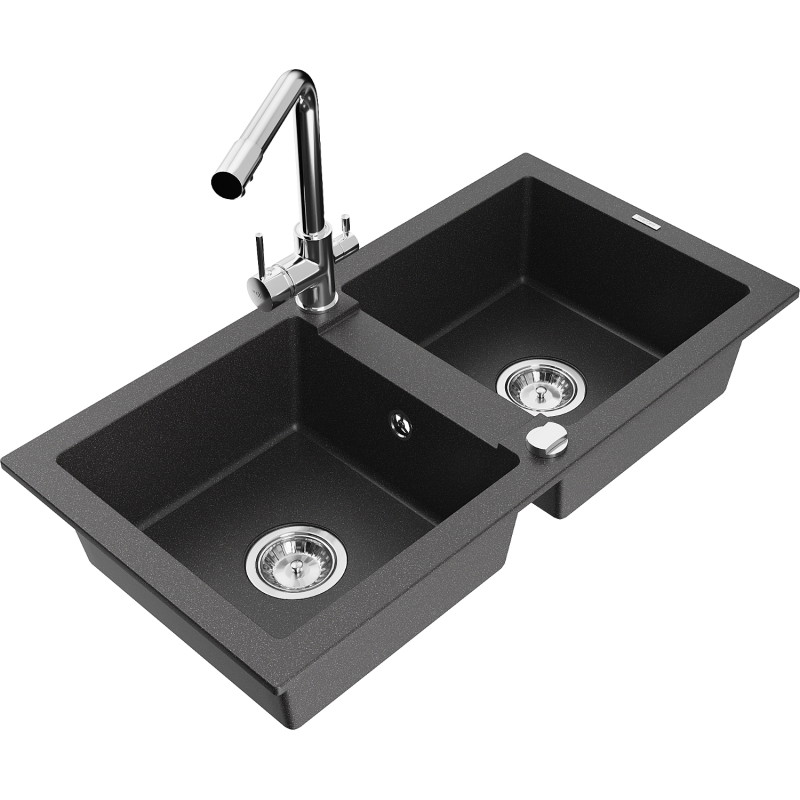 Mexen Mario granite double bowl kitchen sink with Duero faucet, speckled black - 6504-76-671600-00