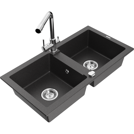 Mexen Mario granite double bowl kitchen sink with Duero faucet, speckled black - 6504-76-671600-00