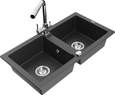 Mexen Mario granite double bowl kitchen sink with Duero faucet, speckled black - 6504-76-671600-00