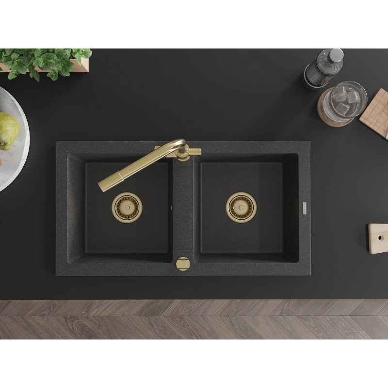 Mexen Mario 2-bowl granite sink with Duero kitchen faucet, black speckled - 6504-76-671600-50