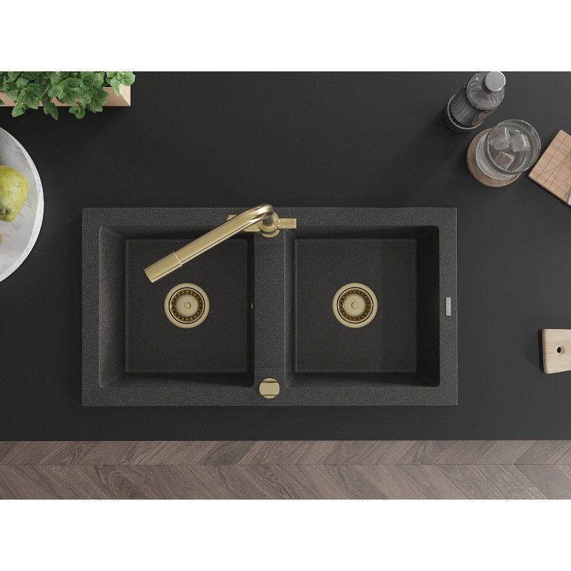 Mexen Mario granite sink 2-bowl with Duero kitchen tap, black speckled - 6504-76-671600-50