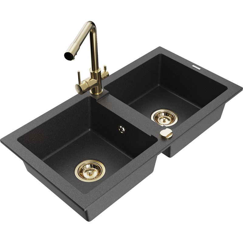 Mexen Mario 2-compartment granite sink with a kitchen mixer tap Duero, spotted black - 6504-76-671600-50