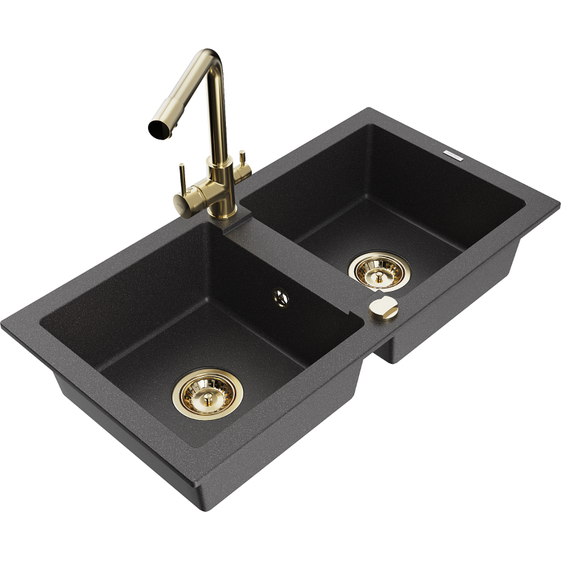 Mexen Mario granite sink 2-bowl with Duero kitchen tap, black speckled - 6504-76-671600-50