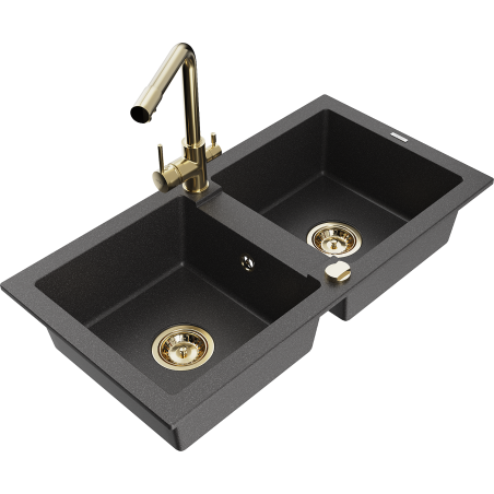 Mexen Mario 2-bowl granite sink with Duero kitchen faucet, black speckled - 6504-76-671600-50