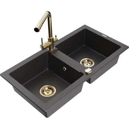 Mexen Mario granite sink 2-bowl with Duero kitchen tap, black speckled - 6504-76-671600-50