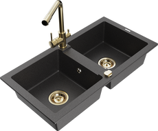 Mexen Mario granite sink 2-bowl with Duero kitchen tap, black speckled - 6504-76-671600-50