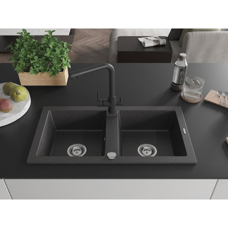 Mexen Mario granite double-bowl kitchen sink with Duero faucet, black speckled - 6504-76-671600-70