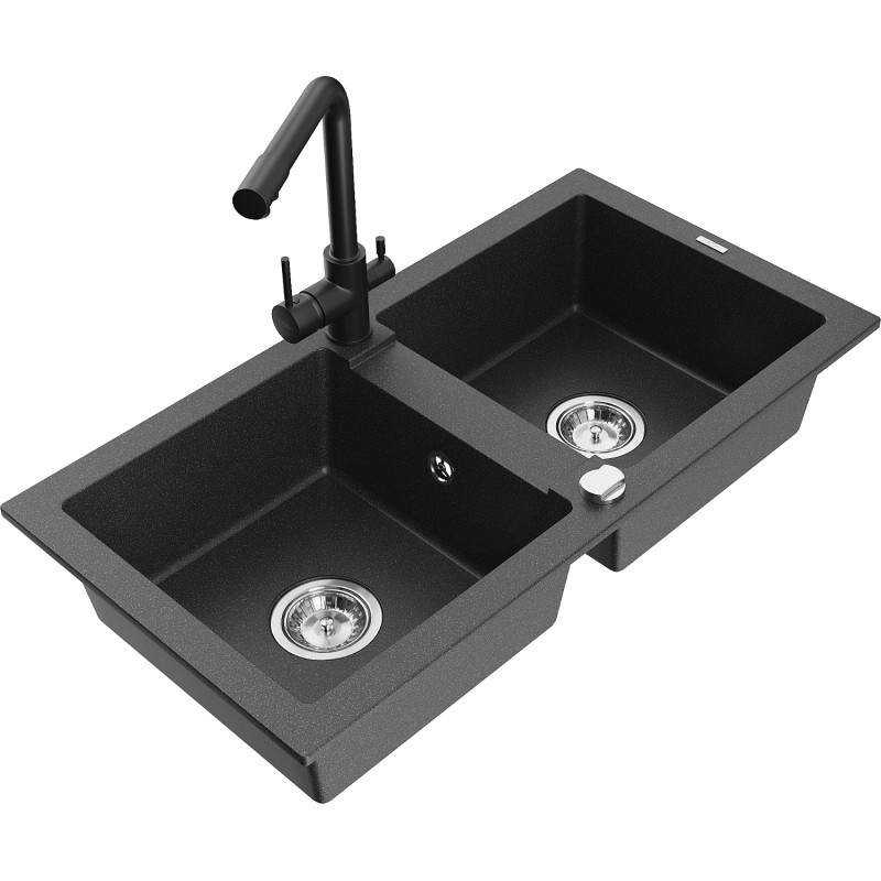 Mexen Mario granite double-bowl kitchen sink with Duero faucet, black speckled - 6504-76-671600-70