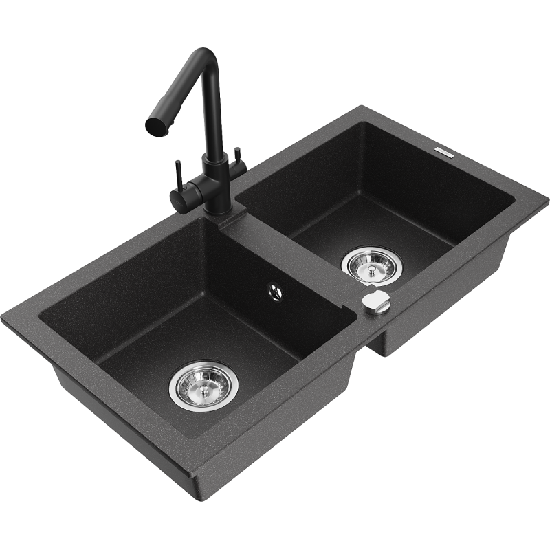 Mexen Mario Granite Kitchen Sink 2-bowl with Duero Kitchen Tap, Black Speckled - 6504-76-671600-70