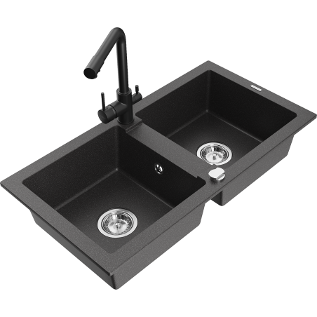 Mexen Mario granite double-bowl kitchen sink with Duero faucet, black speckled - 6504-76-671600-70