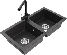 Mexen Mario granite double-bowl sink with Duero kitchen faucet, speckled black - 6504-76-671600-70