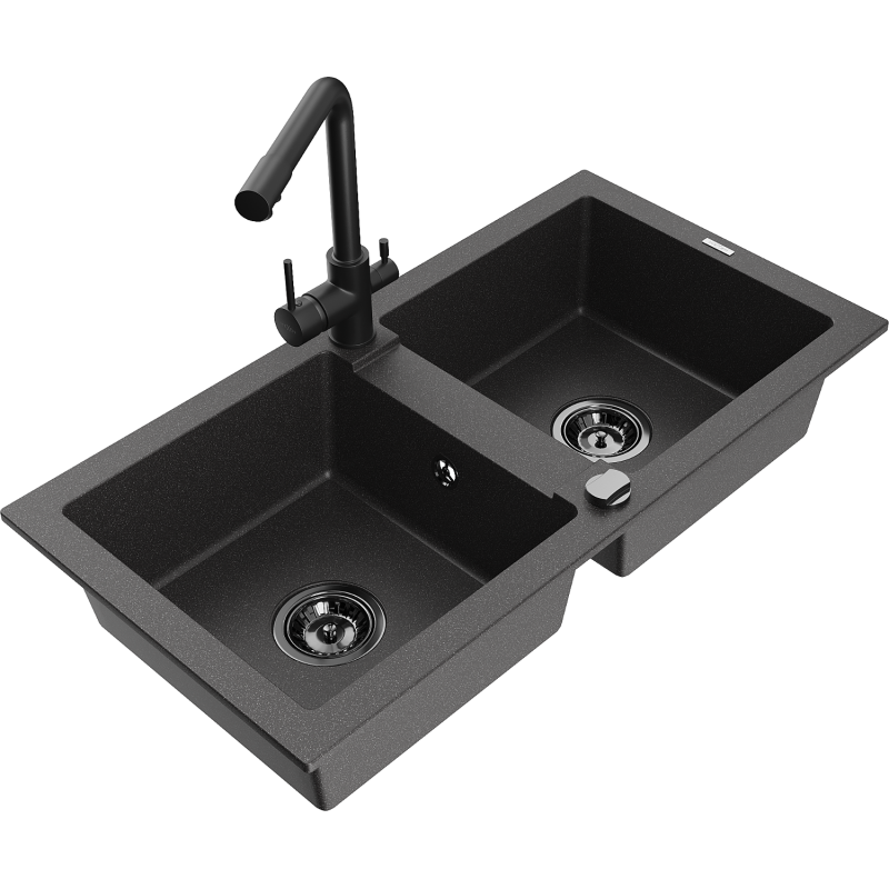 Mexen Mario granite sink 2-chamber with Duero kitchen tap, black speckled - 6504-76-671600-70-B