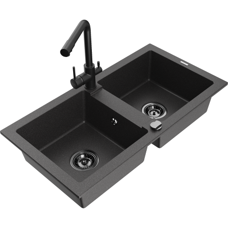 Mexen Mario granite double-bowl sink with Duero kitchen faucet, black speckled - 6504-76-671600-70-B