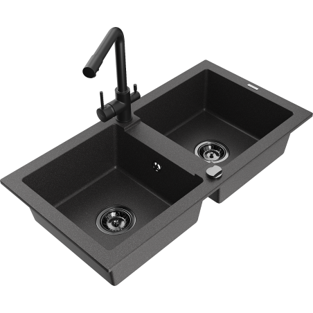 Mexen Mario granite sink 2-chamber with Duero kitchen tap, black speckled - 6504-76-671600-70-B
