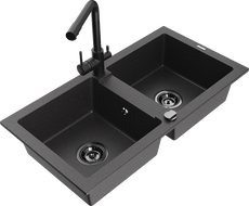 Mexen Mario granite double-bowl kitchen sink with Duero faucet, black speckled - 6504-76-671600-70-B
