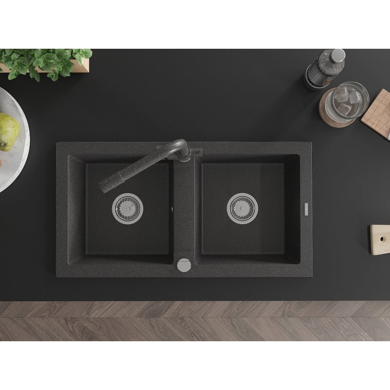 Mexen Mario granite double-bowl kitchen sink with Duero faucet, black speckled - 6504-76-671600-76