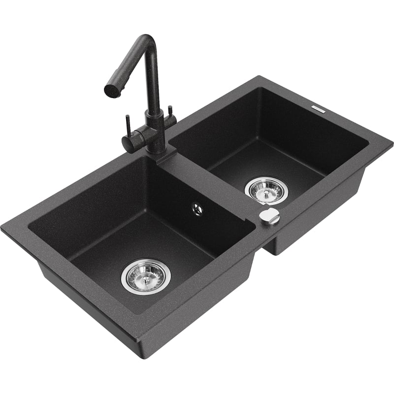 Mexen Mario granite double-bowl kitchen sink with Duero faucet, black speckled - 6504-76-671600-76