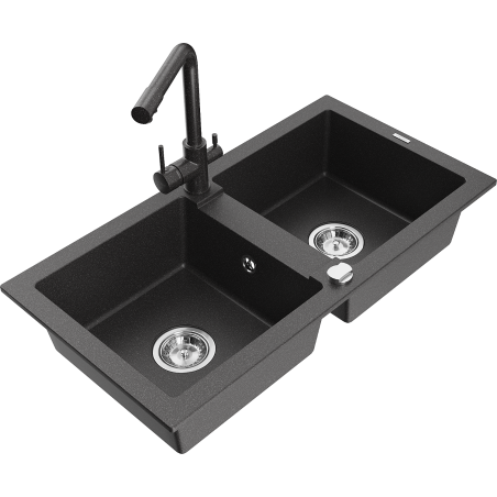 Mexen Mario granite kitchen sink double-bowl with kitchen faucet Duero, black speckled - 6504-76-671600-76