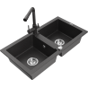 Mexen Mario granite sink with 2 bowls and Duero kitchen tap, black speckled - 6504-76-671600-76