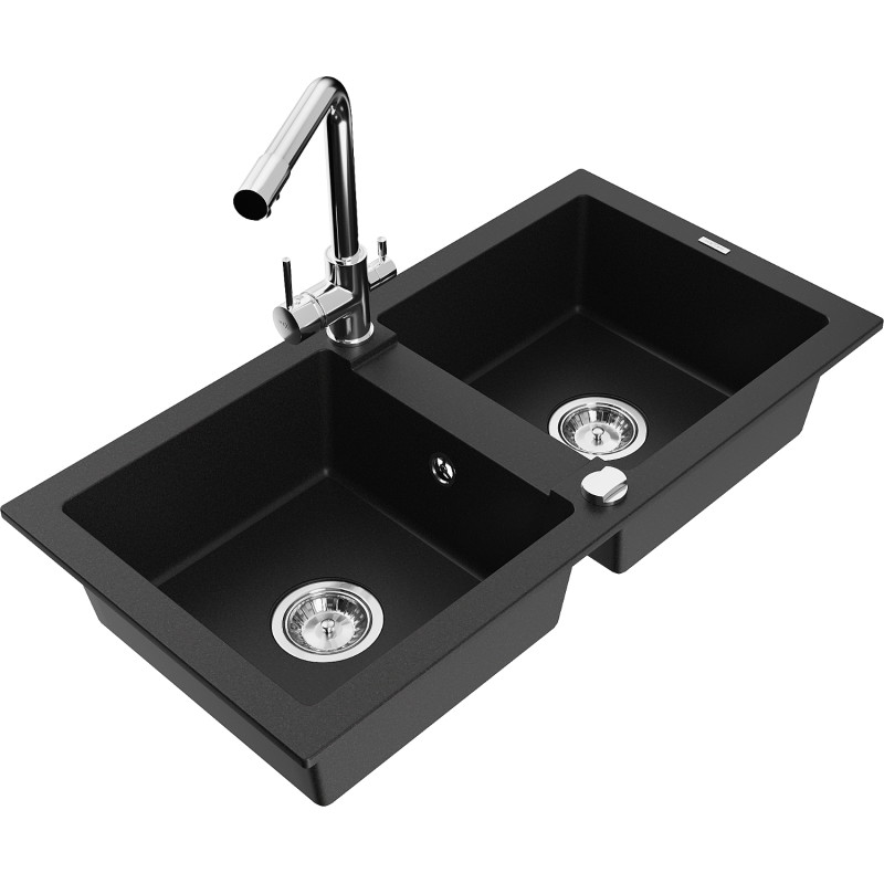 Mexen Mario granite double-bowl sink with Duero kitchen faucet, black - 6504-77-671600-00