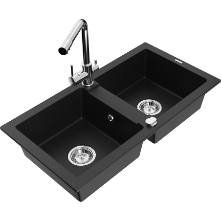 Mexen Mario granite double-bowl sink with Duero kitchen faucet, black - 6504-77-671600-00