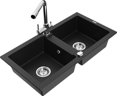 Mexen Mario granite double-bowl kitchen sink with Duero faucet, black - 6504-77-671600-00