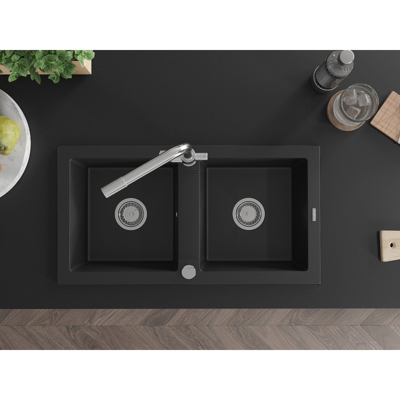 Mexen Mario granite double-bowl sink with Duero kitchen faucet, black - 6504-77-671600-00