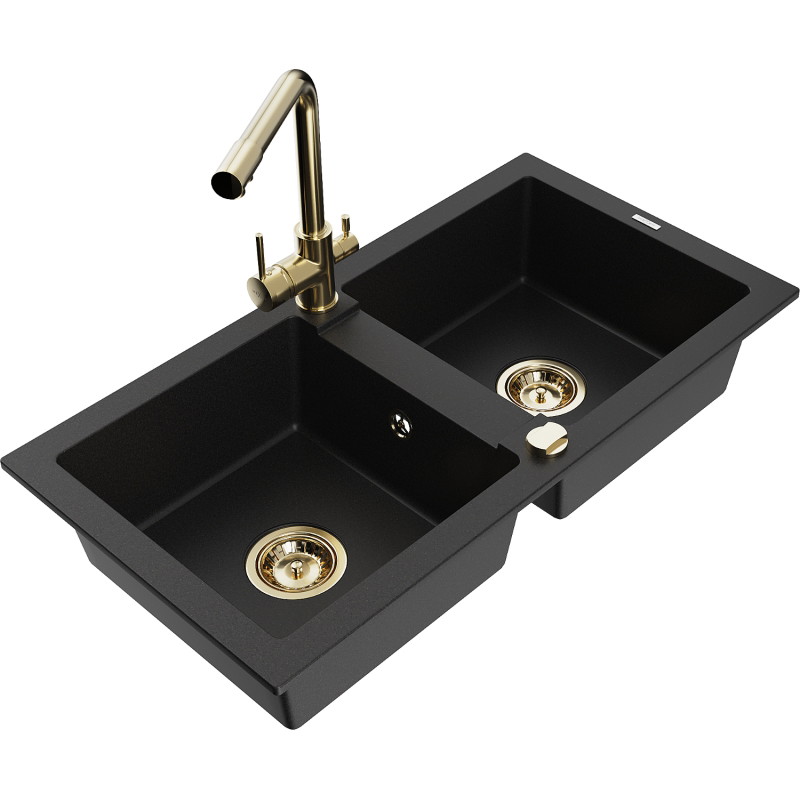 Mexen Mario 2-bowl granite sink with Duero kitchen faucet, black - 6504-77-671600-50