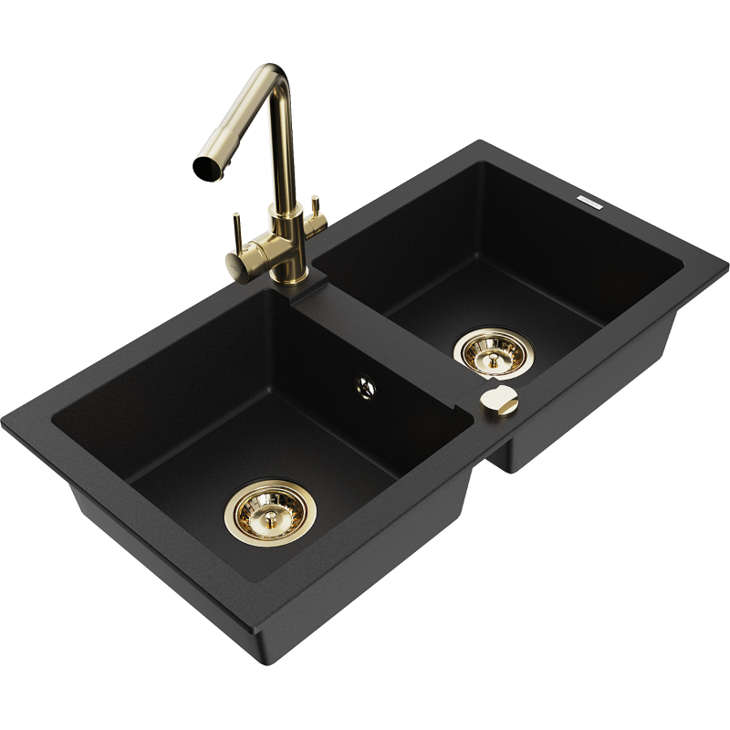 Mexen Mario granite sink 2-chamber with Duero kitchen tap, black - 6504-77-671600-50